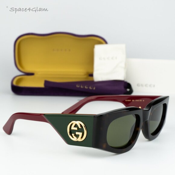 BRAND NEW Gucci GG1664S 002 Havana Red Green Rectangle Unisex Sunglasses - Picture 1 of 9